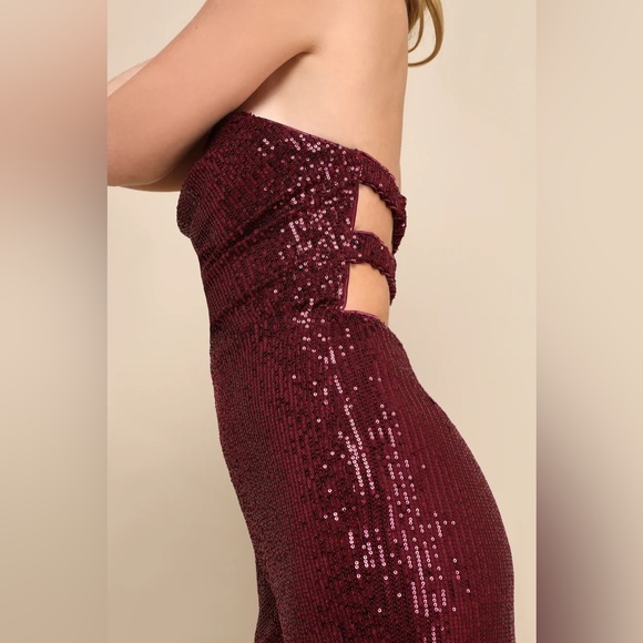 Lulu's NWT Glorious Vision Wine Red Sequin Strapless Wide-Leg Jumpsuit - Picture 5 of 5
